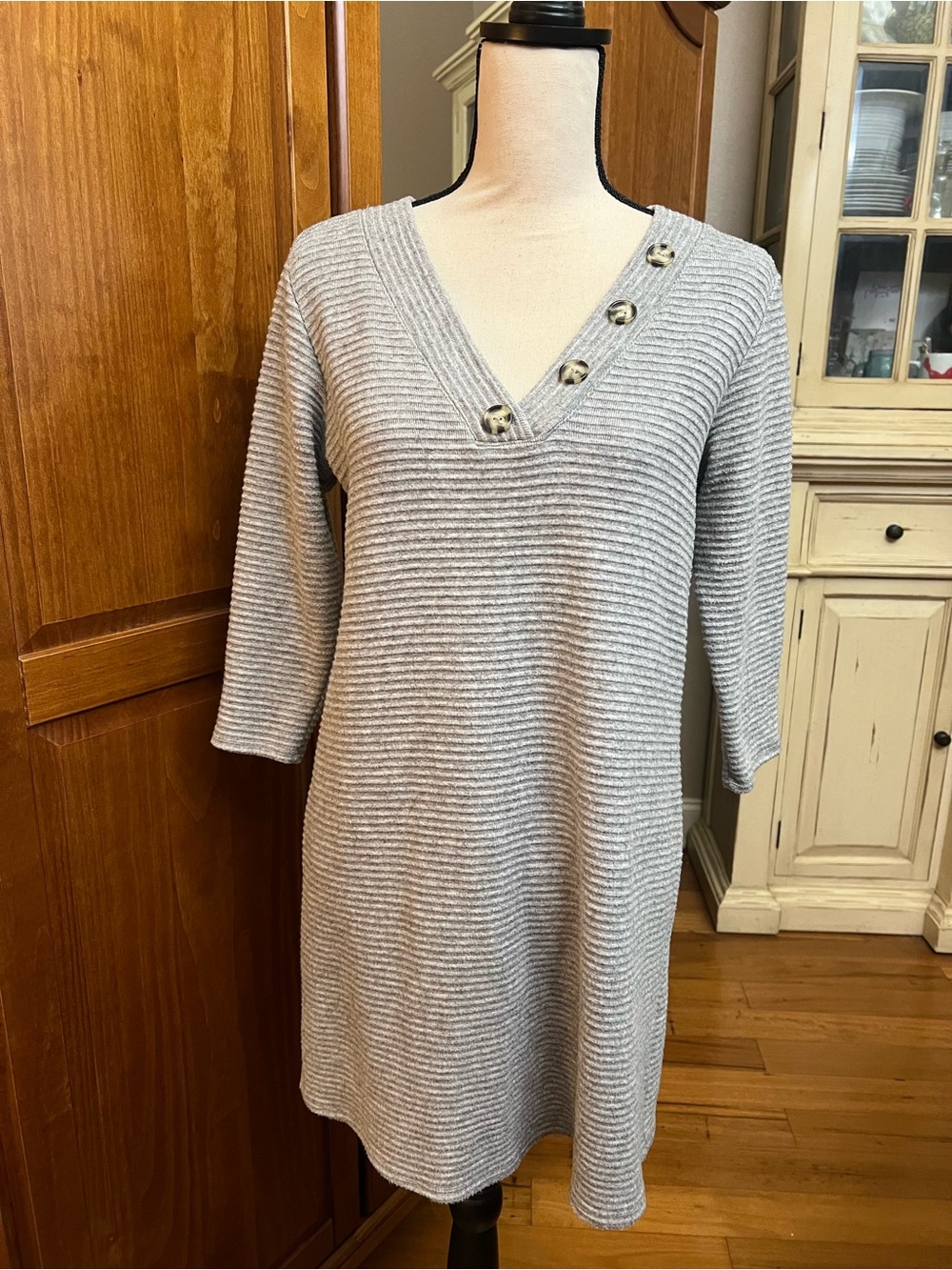 V-Neck Ribbed Midi Dress with Button Detail in Light Gray